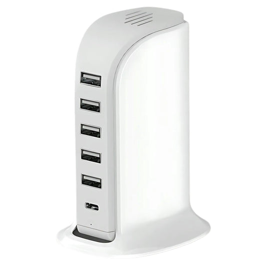 6-in-1 USB Charging Station – 40W Charger Block with 5 USB Ports (Shared 6A) & 3A USB-C Port, Multiport Desktop Charging Hub for Travel & Multiple Electronics